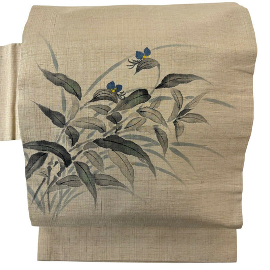 【美品】 名古屋帶 優品級 附落款 紬織織 草花紋 淺茶 純蠶絲