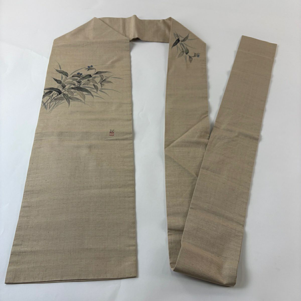 【美品】 名古屋帶 優品級 附落款 紬織織 草花紋 淺茶 純蠶絲