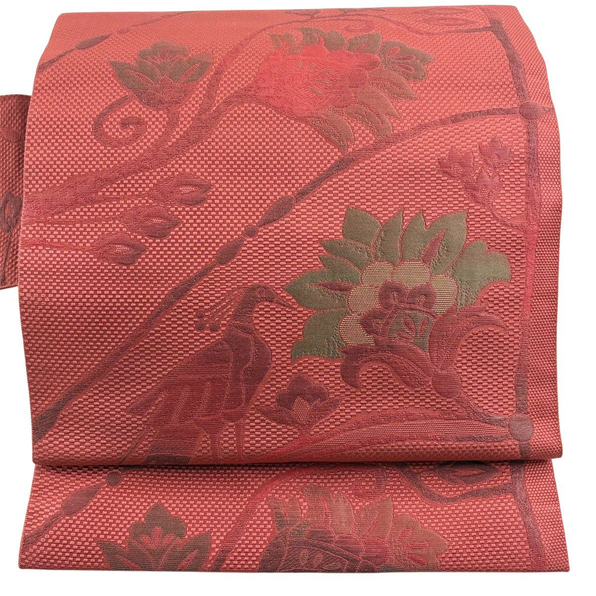 【美品】名古屋帶 優品級 枝花 鳥 粉紅 純蠶絲