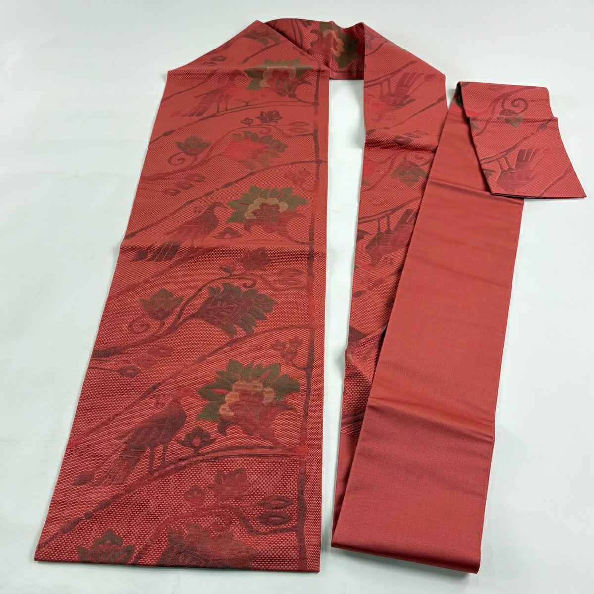 【美品】名古屋帶 優品級 枝花 鳥 粉紅 純蠶絲