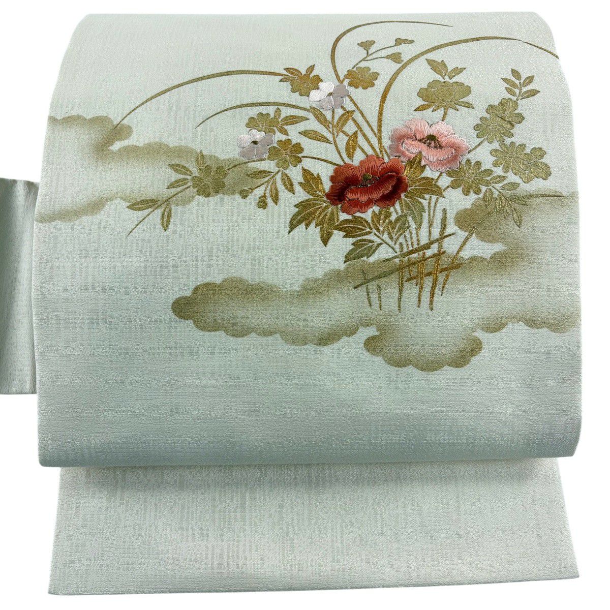 名古屋帶 優品級 草花紋紋 雲文刺繡 金彩裝飾 奶油色 純蠶絲