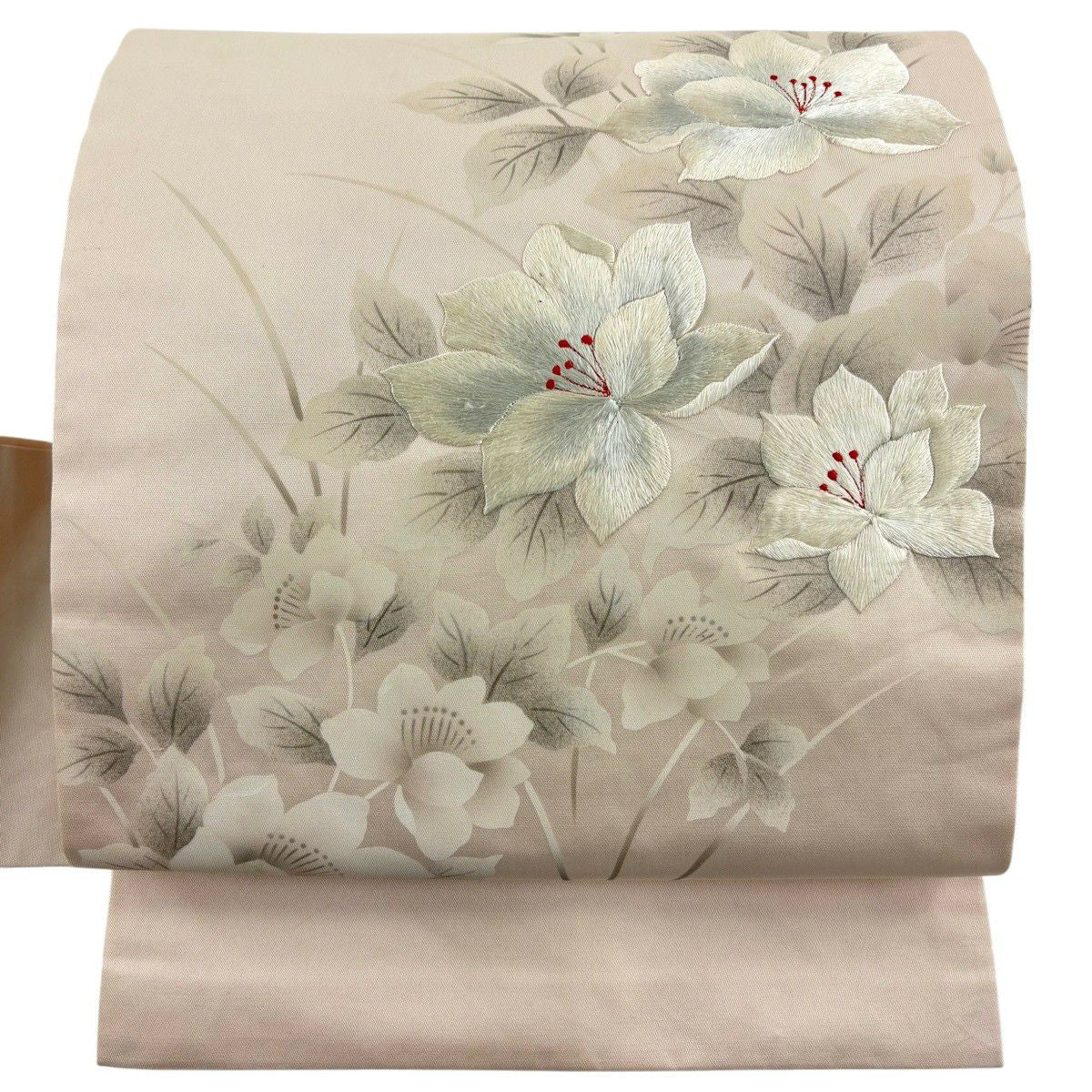 名古屋帶 優品級 草花紋刺繡 淺粉色 純蠶絲