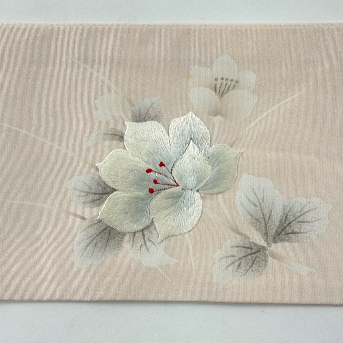 名古屋帶 優品級 草花紋刺繡 淺粉色 純蠶絲