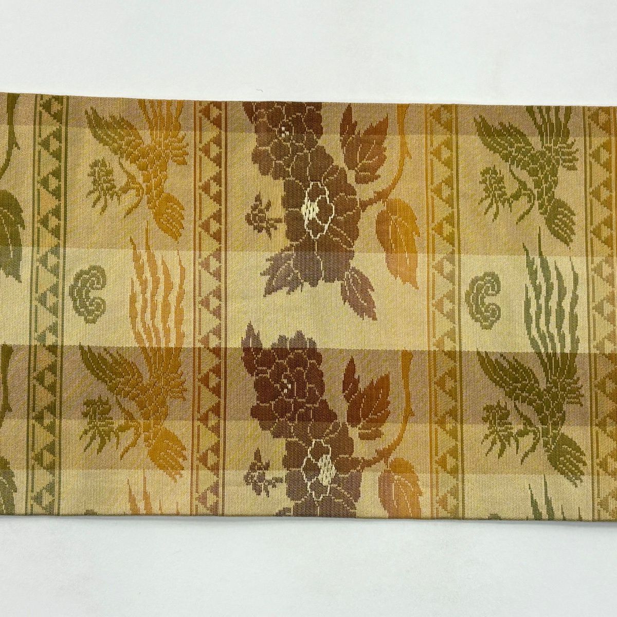 【美品】 名古屋帶 優品級 格子 花鳥 山吹 純蠶絲