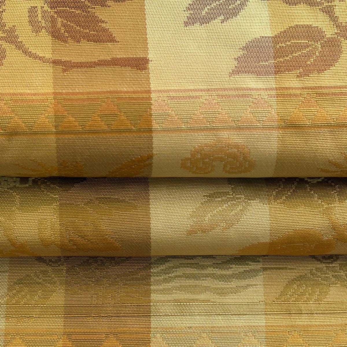 【美品】 名古屋帶 優品級 格子 花鳥 山吹 純蠶絲