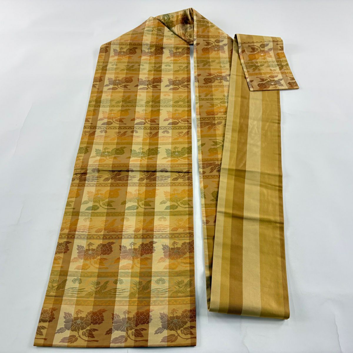 【美品】 名古屋帶 優品級 格子 花鳥 山吹 純蠶絲