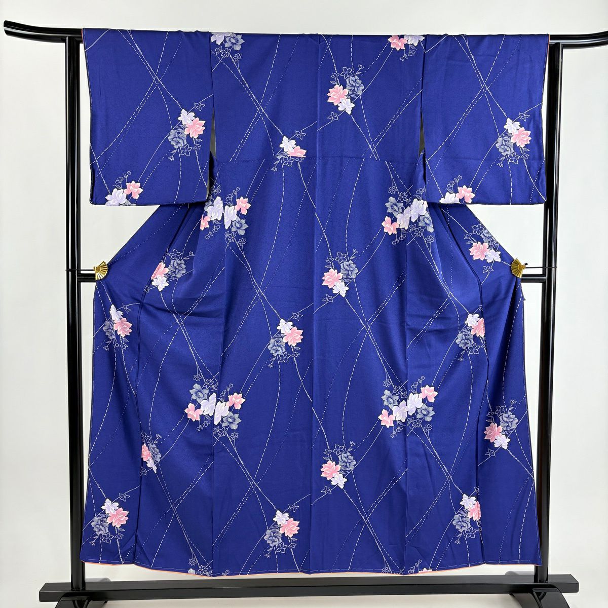 【美品】 小紋 身長153.5cm 袖長62.5cm S 雙層 草花紋紋 青 純蠶絲 優品級