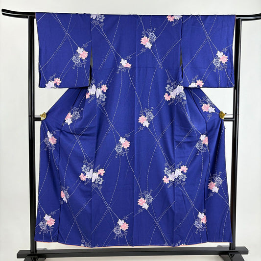 【美品】 小紋 身長153.5cm 袖長62.5cm S 雙層 草花紋紋 青 純蠶絲 優品級