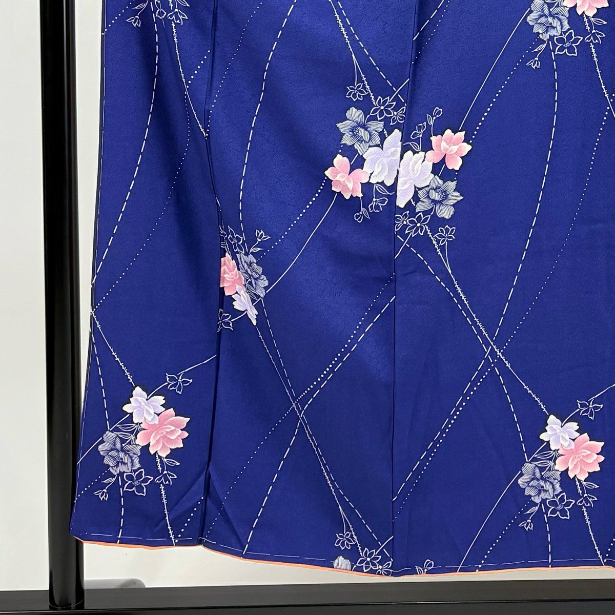 【美品】 小紋 身長153.5cm 袖長62.5cm S 雙層 草花紋紋 青 純蠶絲 優品級