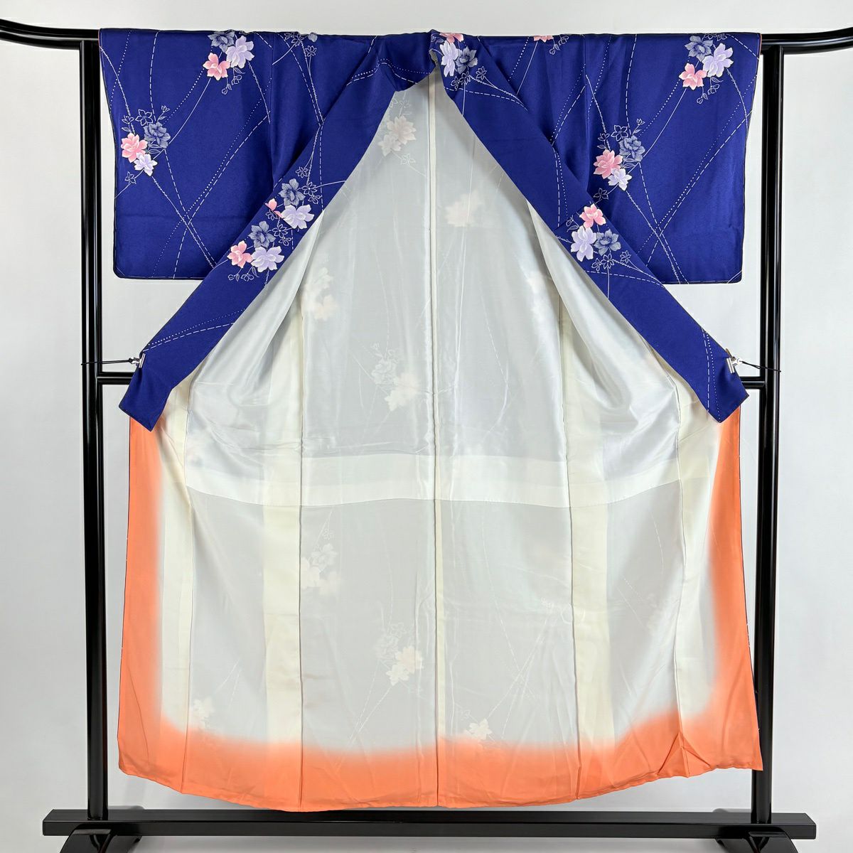 【美品】 小紋 身長153.5cm 袖長62.5cm S 雙層 草花紋紋 青 純蠶絲 優品級