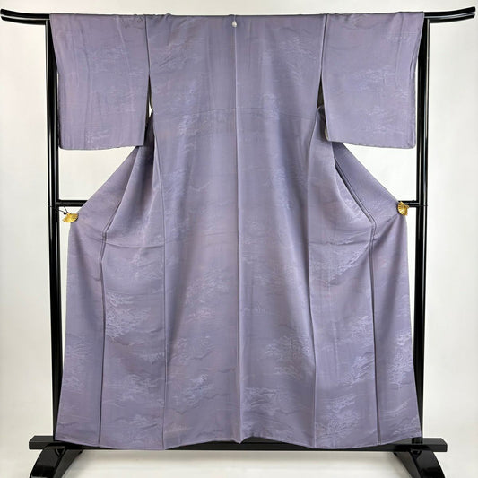 【美品】 小紋 身長158cm 袖長65.5cm M 雙層 建物 松樹 ぼかし 薄紫 純蠶絲 優品級 一つ紋