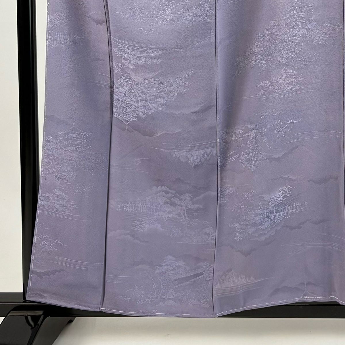 【美品】 小紋 身長158cm 袖長65.5cm M 雙層 建物 松樹 ぼかし 薄紫 純蠶絲 優品級 一つ紋