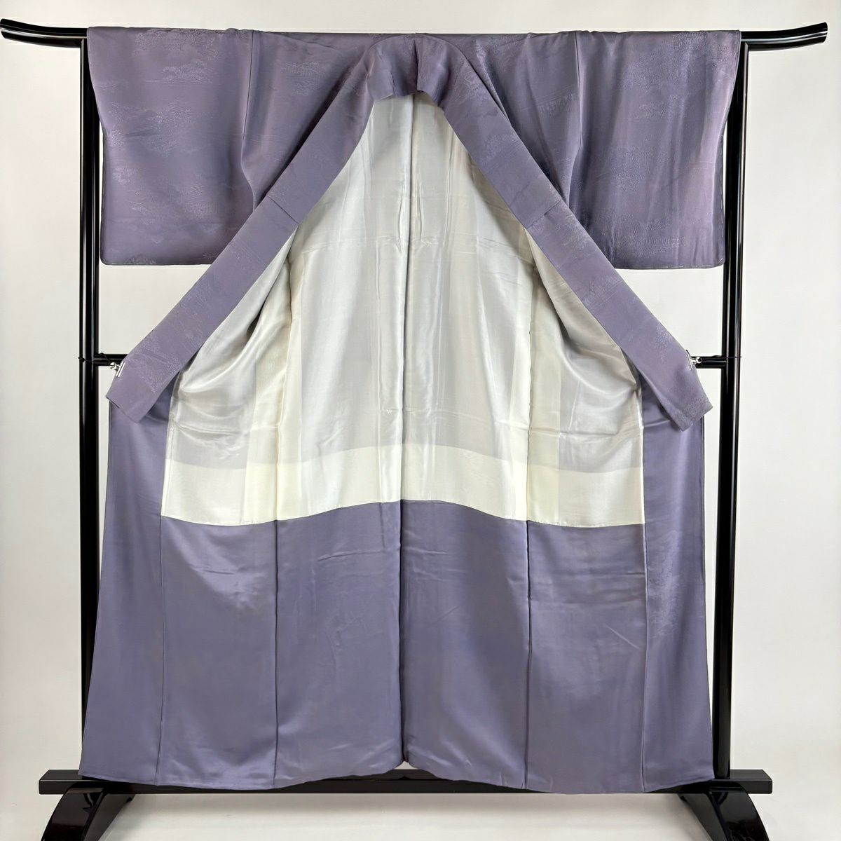 【美品】 小紋 身長158cm 袖長65.5cm M 雙層 建物 松樹 ぼかし 薄紫 純蠶絲 優品級 一つ紋