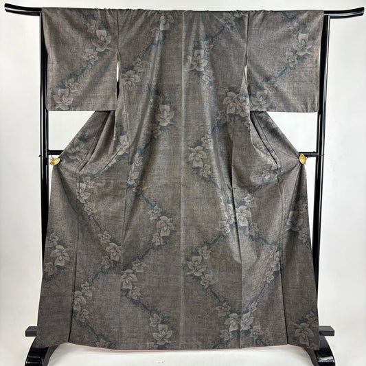 【美品】 紬織織 身長167cm 袖長65.5cm M 雙層 草花紋紋 焦茶 純蠶絲 優品級