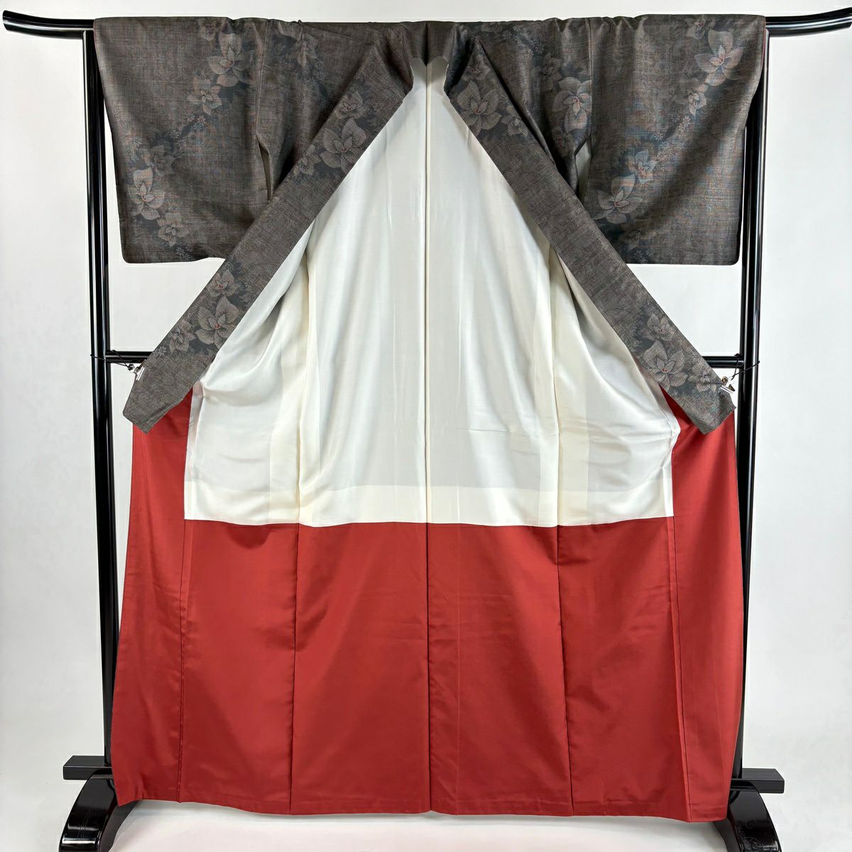 【美品】 紬織織 身長167cm 袖長65.5cm M 雙層 草花紋紋 焦茶 純蠶絲 優品級