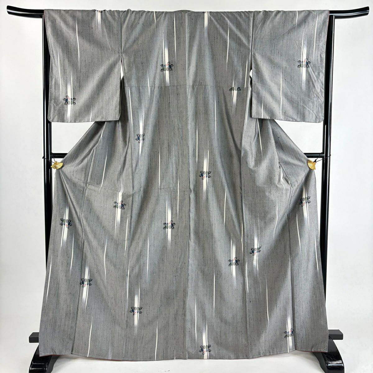 【美品】 紬織 身長168.5cm 袖長65.5cm M 雙層 椿 幾何圖案 灰 純蠶絲 優品級