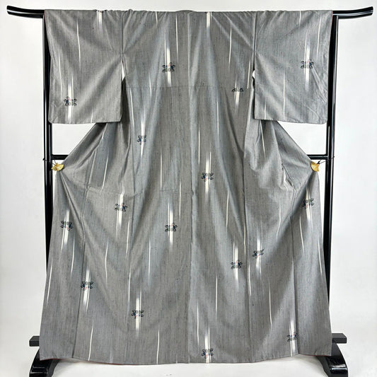 【美品】 紬織 身長168.5cm 袖長65.5cm M 雙層 椿 幾何圖案 灰 純蠶絲 優品級