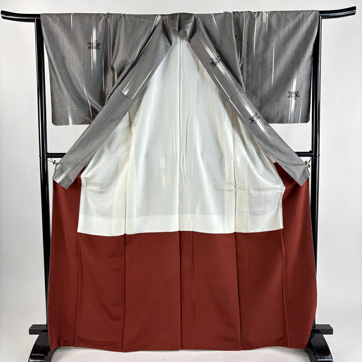 【美品】 紬織 身長168.5cm 袖長65.5cm M 雙層 椿 幾何圖案 灰 純蠶絲 優品級