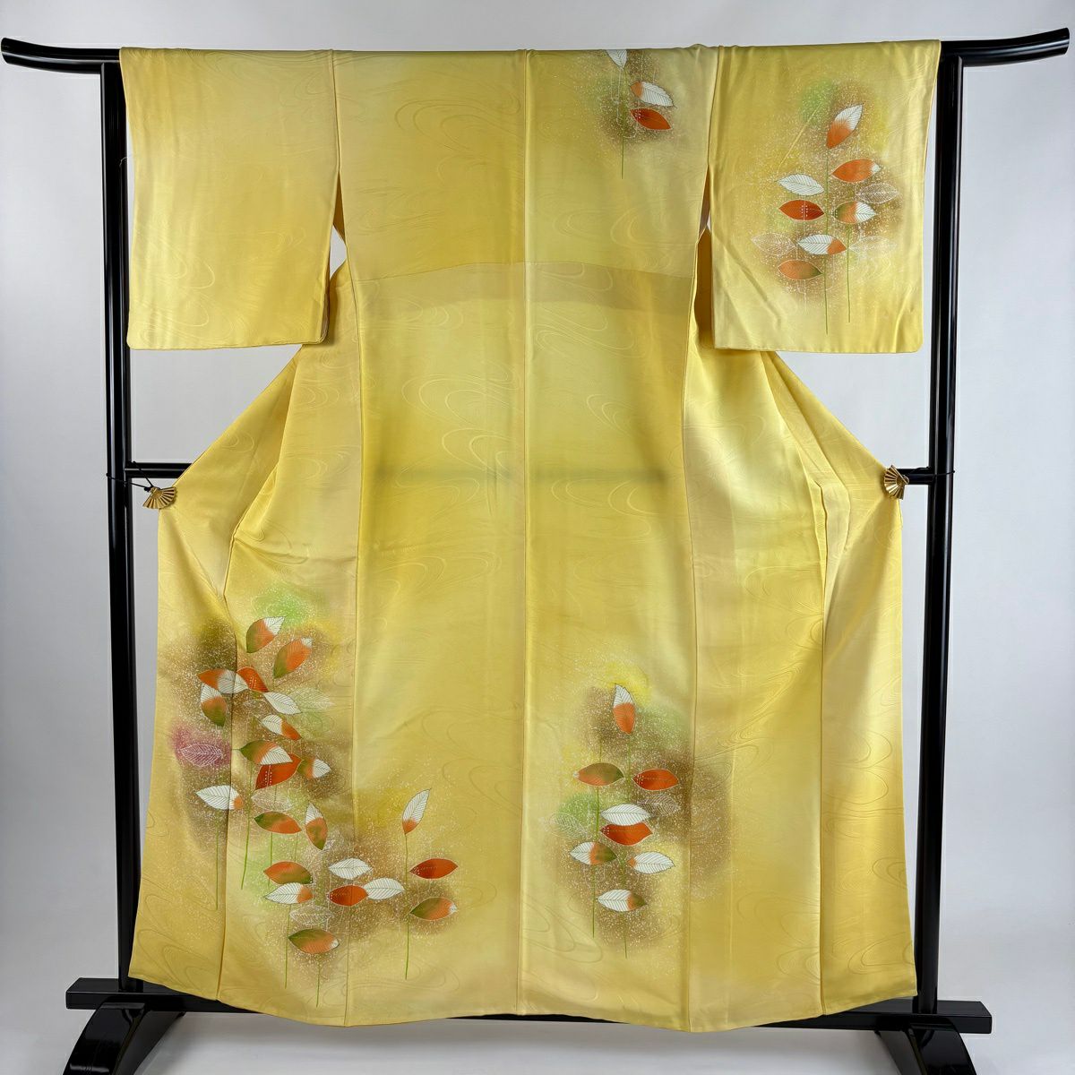 付下 身長160cm 袖長63.5cm S 雙層 葉紋 金銀彩 漸層 黃色 純蠶絲 優品級