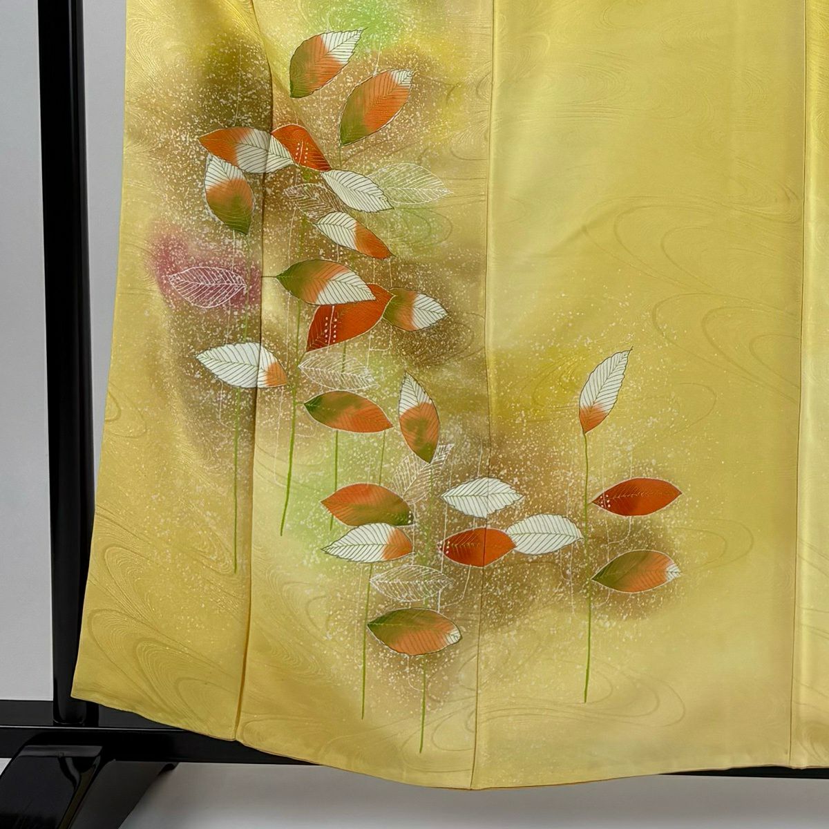 付下 身長160cm 袖長63.5cm S 雙層 葉紋 金銀彩 漸層 黃色 純蠶絲 優品級