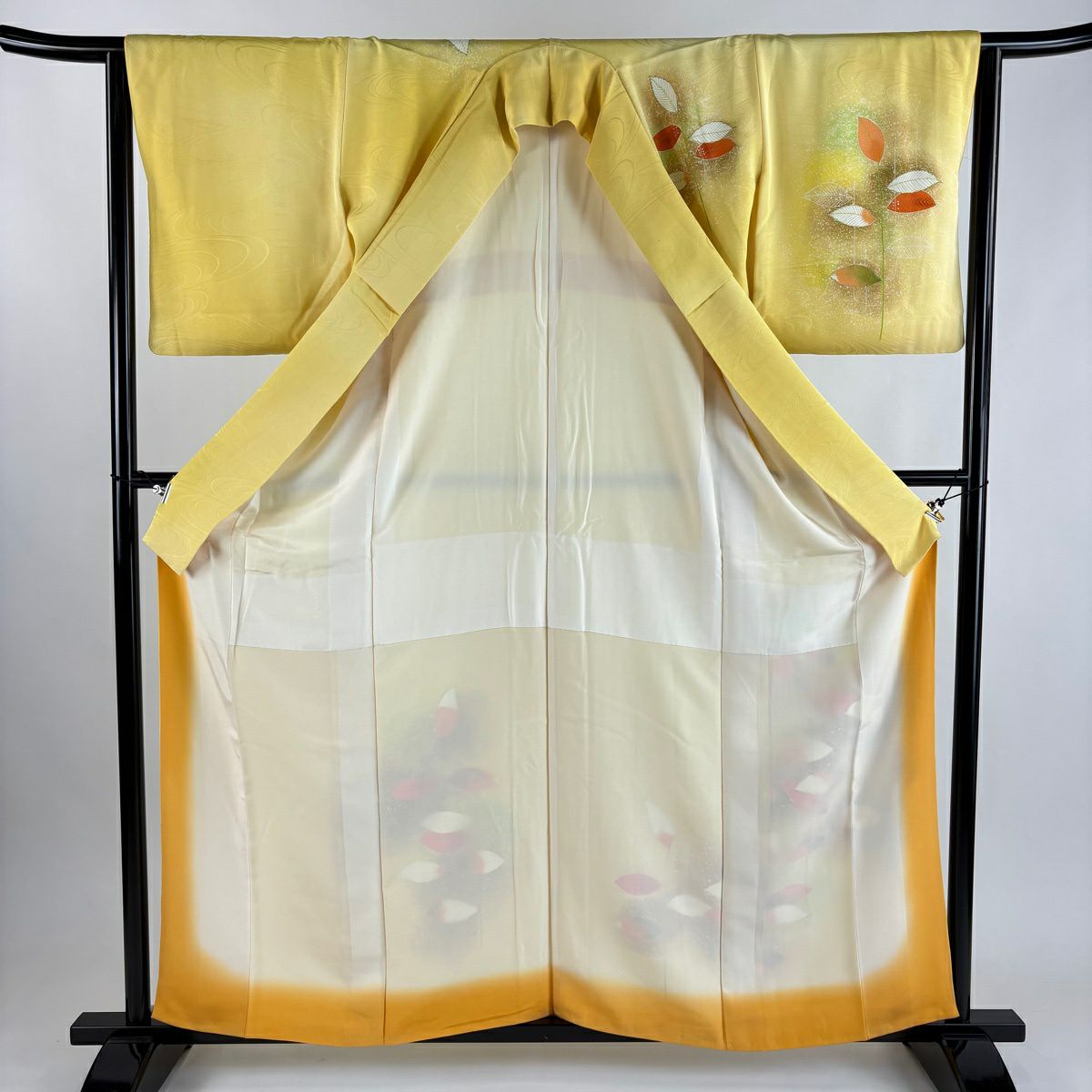 付下 身長160cm 袖長63.5cm S 雙層 葉紋 金銀彩 漸層 黃色 純蠶絲 優品級