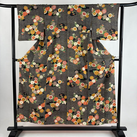 【美品】 小紋 身長151cm 袖長61.5cm S 雙層 菊花 雲文 金銀彩 墨 純蠶絲 優品級