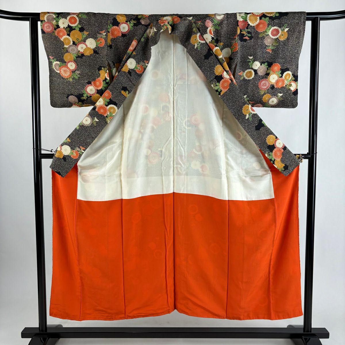 【美品】 小紋 身長151cm 袖長61.5cm S 雙層 菊花 雲文 金銀彩 墨 純蠶絲 優品級