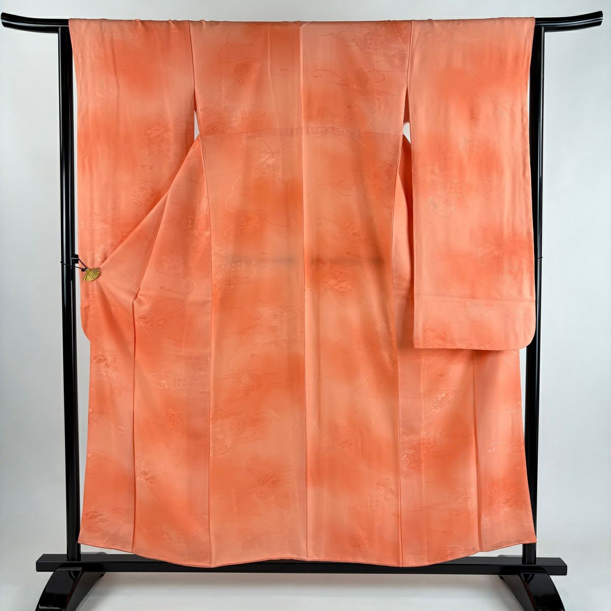 【美品】振袖禮服 身長156cm 袖長64cm M 雙層 巾著 七寶紋 漸層 鮭粉色 純蠶絲 優品級