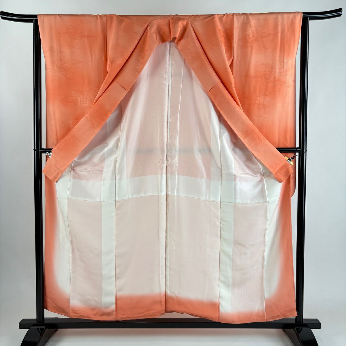 【美品】振袖禮服 身長156cm 袖長64cm M 雙層 巾著 七寶紋 漸層 鮭粉色 純蠶絲 優品級
