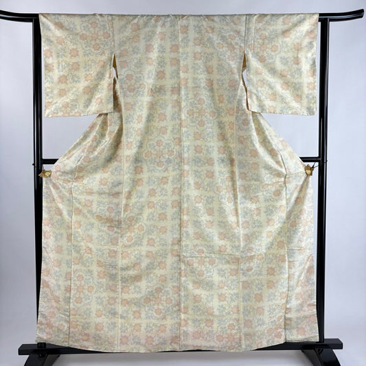 【美品】 紬織織 身長160.5cm 袖長62cm S 雙層 華紋 草花紋紋 淡黃 純蠶絲 優品級