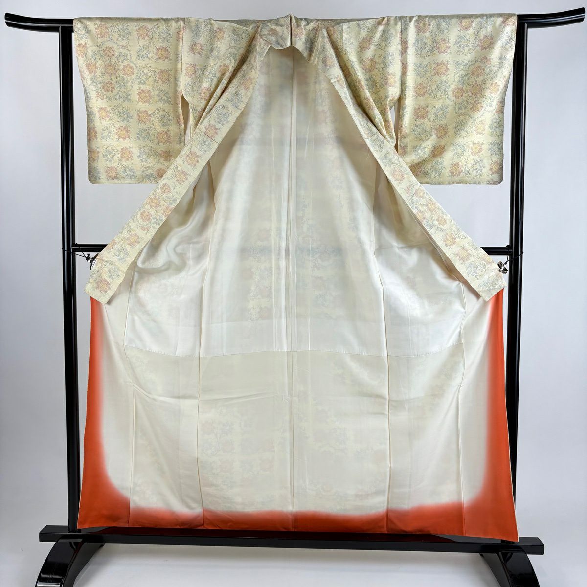 【美品】 紬織織 身長160.5cm 袖長62cm S 雙層 華紋 草花紋紋 淡黃 純蠶絲 優品級