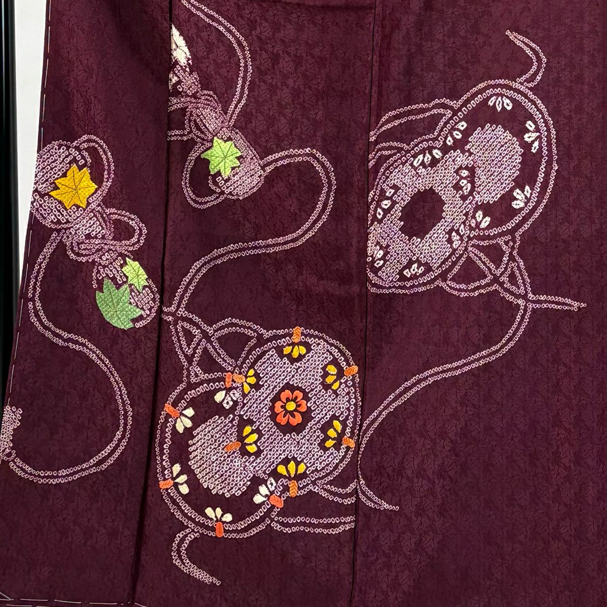 付下 身長151cm 袖長64cm M 雙層 鼓 楓 刺繡 絞染 紅紫 純蠶絲 優品級