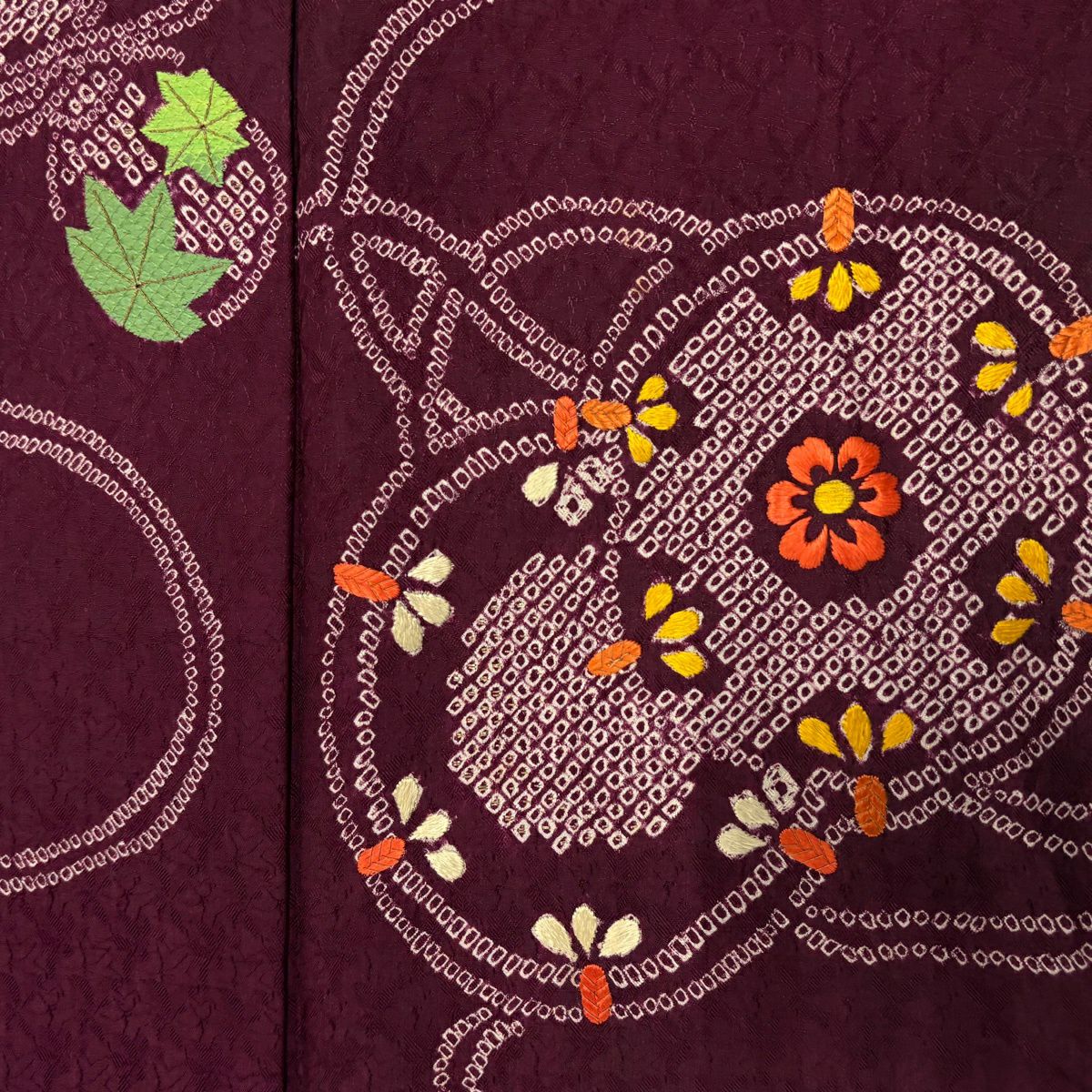 付下 身長151cm 袖長64cm M 雙層 鼓 楓 刺繡 絞染 紅紫 純蠶絲 優品級