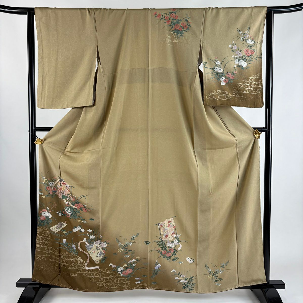訪問服 身長161.5cm 袖長64cm M 雙層 誰が袖 草花紋紋 金銀彩 漸層 淡茶 純蠶絲 優品級