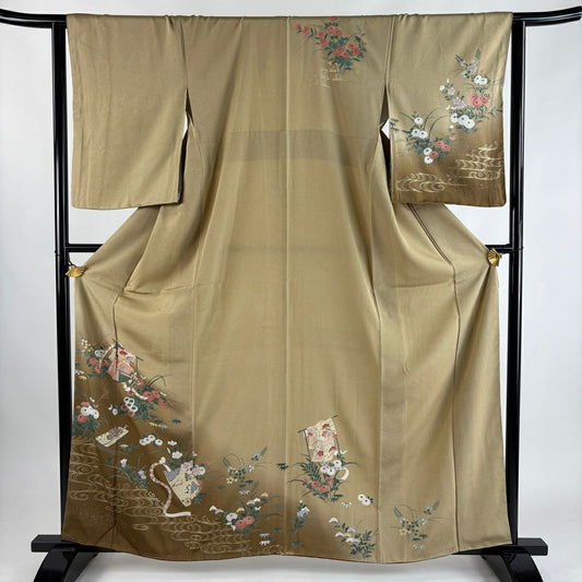 訪問服 身長161.5cm 袖長64cm M 雙層 誰が袖 草花紋紋 金銀彩 漸層 淡茶 純蠶絲 優品級