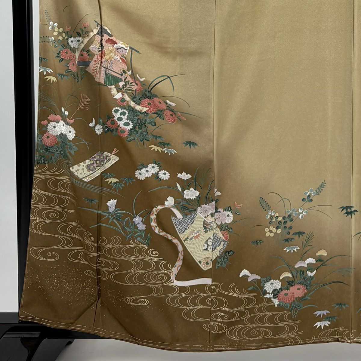 訪問服 身長161.5cm 袖長64cm M 雙層 誰が袖 草花紋紋 金銀彩 漸層 淡茶 純蠶絲 優品級