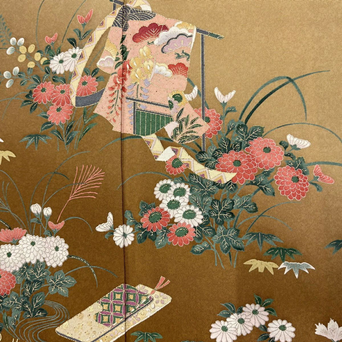 訪問服 身長161.5cm 袖長64cm M 雙層 誰が袖 草花紋紋 金銀彩 漸層 淡茶 純蠶絲 優品級