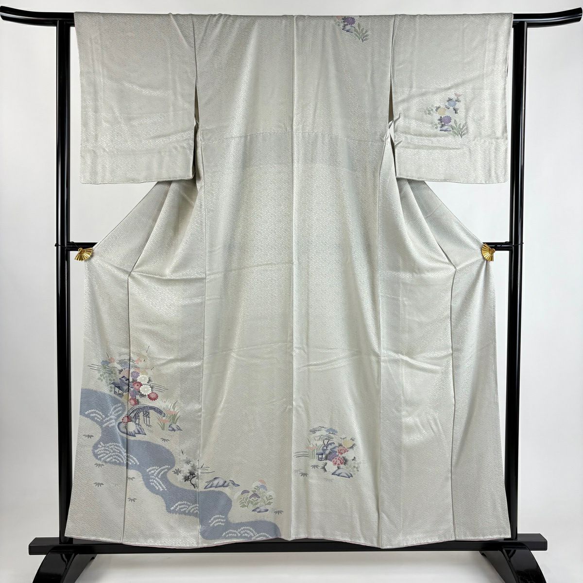 付下 身長155.5cm 袖長63cm S 雙層 建物 松樹竹子梅花 絞染 灰 純蠶絲 優品級