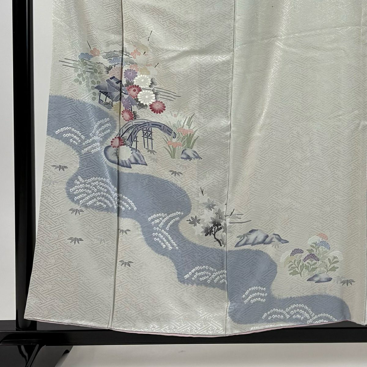 付下 身長155.5cm 袖長63cm S 雙層 建物 松樹竹子梅花 絞染 灰 純蠶絲 優品級