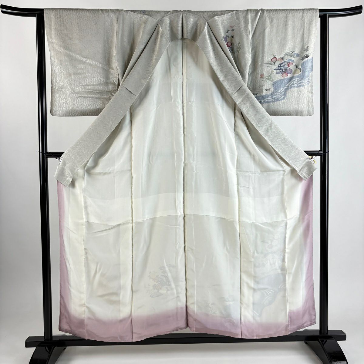 付下 身長155.5cm 袖長63cm S 雙層 建物 松樹竹子梅花 絞染 灰 純蠶絲 優品級