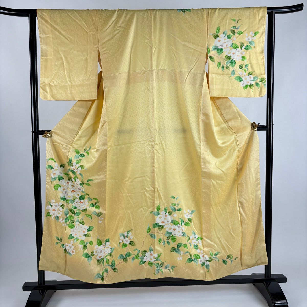 訪問服 身長155cm 袖長63cm S 雙層 枝花 葉與果實 刺繡 金彩裝飾 黃色 純蠶絲 優品級