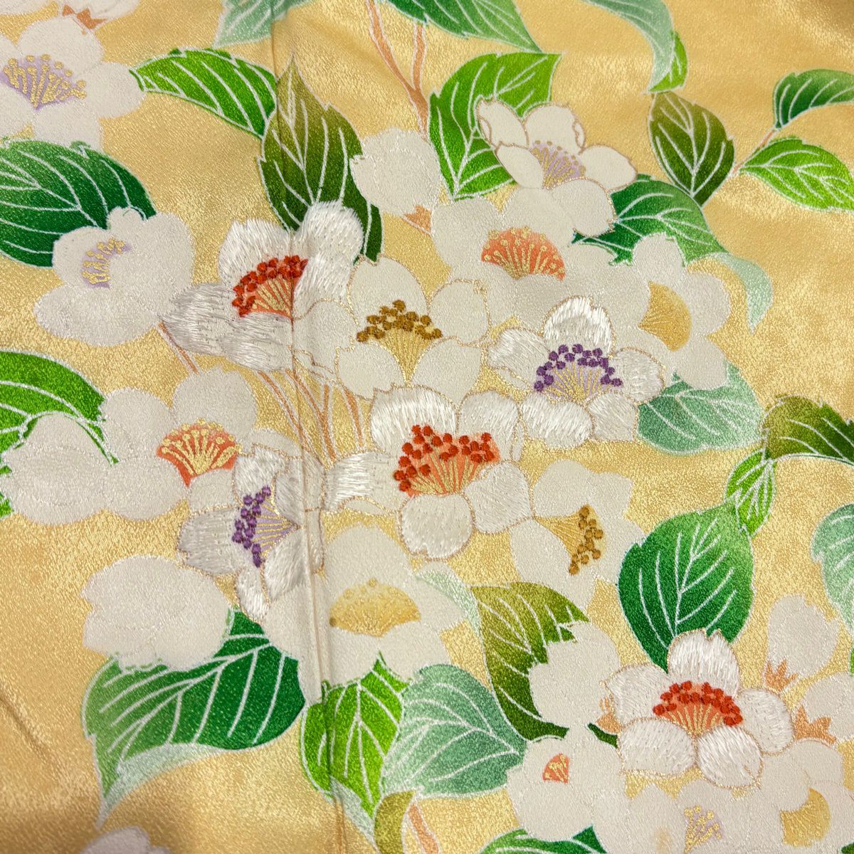 訪問服 身長155cm 袖長63cm S 雙層 枝花 葉與果實 刺繡 金彩裝飾 黃色 純蠶絲 優品級