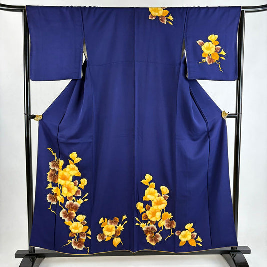 付下 身長155.5cm 袖長65cm M 雙層 草花紋紋 蔦 金糸刺繡 青紫 純蠶絲 優品級