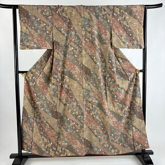 【美品】 小紋 身長157cm 袖長64cm M 雙層 草花紋紋 有職文樣 金彩裝飾 茶 純蠶絲 優品級