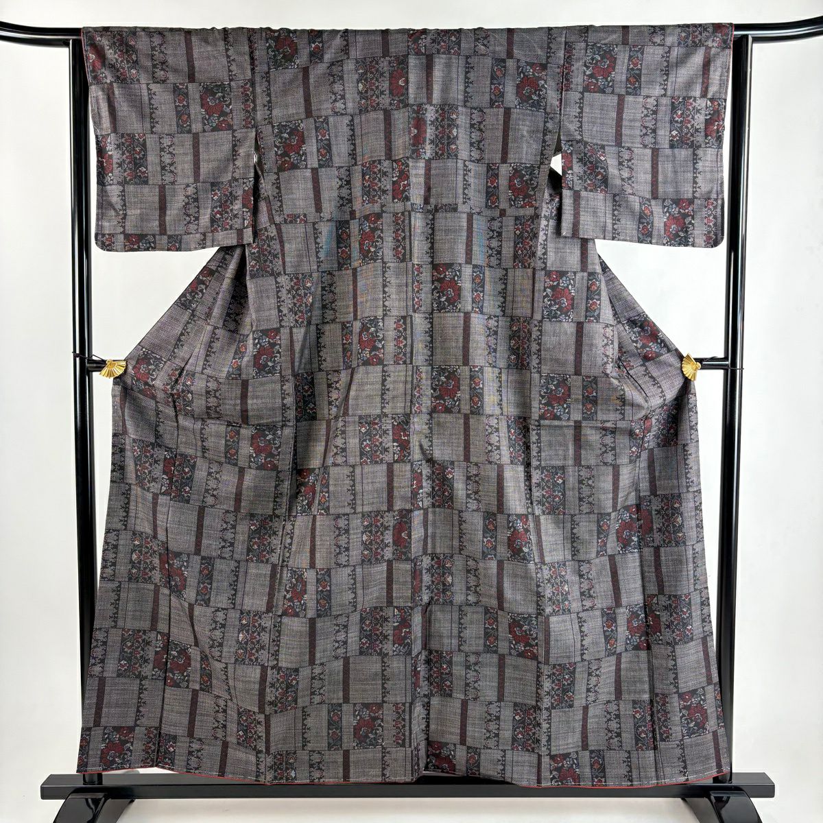 【美品】 紬織 身長158cm 袖長63.5cm S 雙層 草花紋紋 縞 焦茶 純蠶絲 優品級