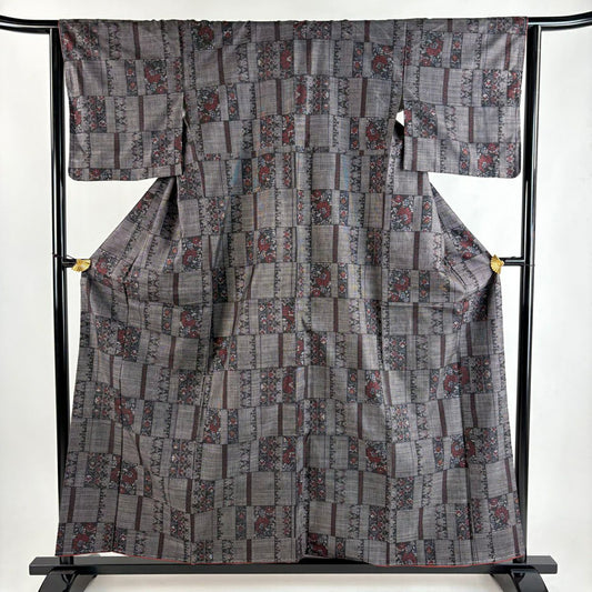 【美品】 紬織 身長158cm 袖長63.5cm S 雙層 草花紋紋 縞 焦茶 純蠶絲 優品級