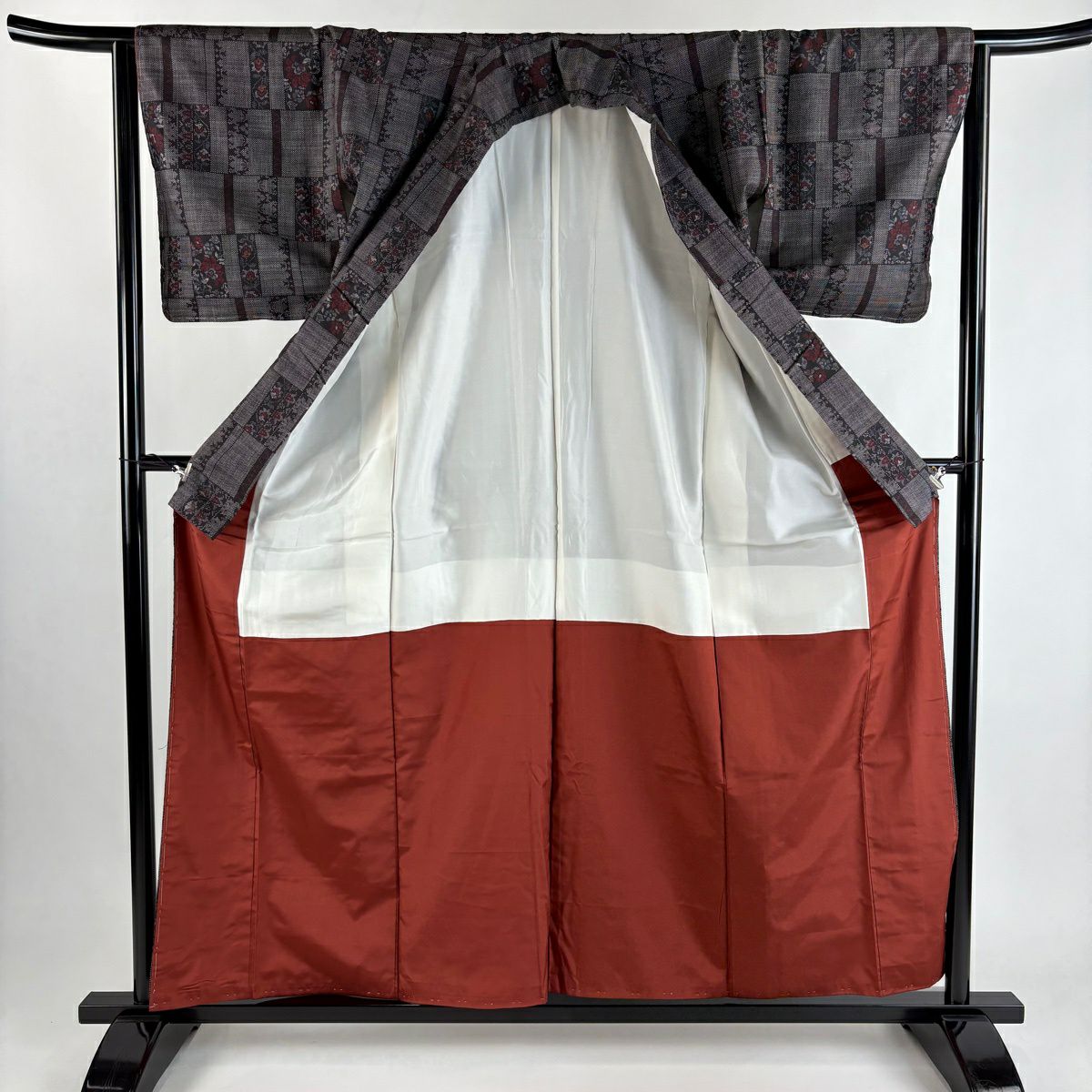 【美品】 紬織 身長158cm 袖長63.5cm S 雙層 草花紋紋 縞 焦茶 純蠶絲 優品級