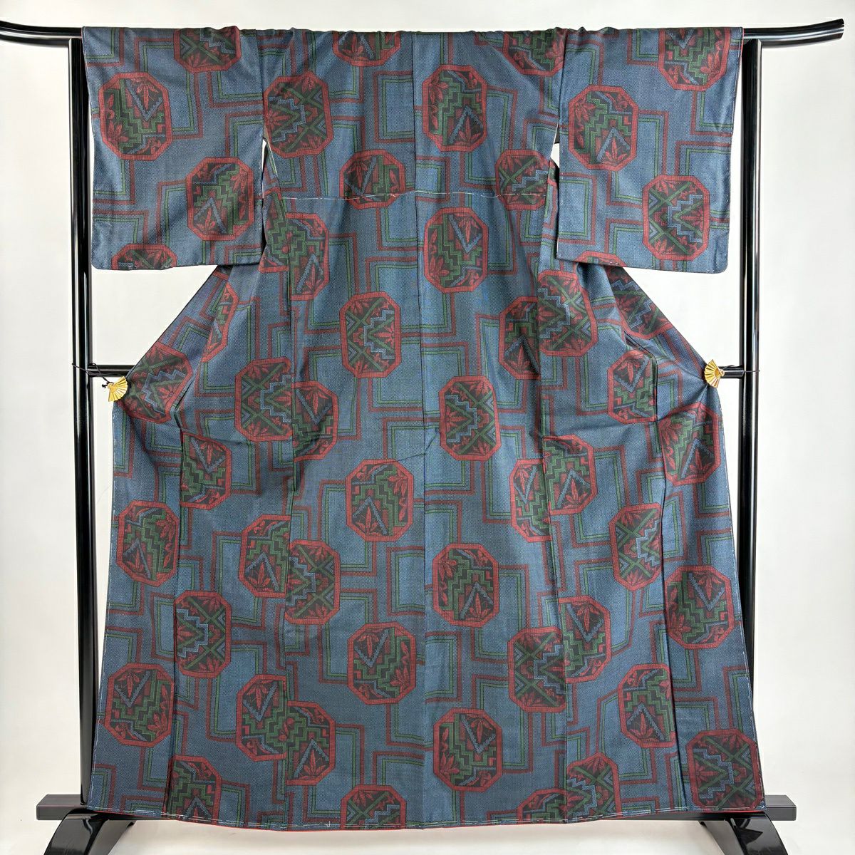【美品】 紬織 身長162.5cm 袖長65cm M 雙層 幾何學 花 深藍 純蠶絲 優品級