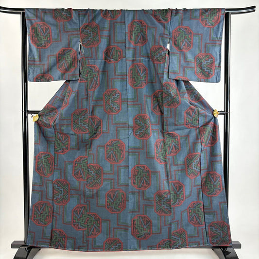 【美品】 紬織 身長162.5cm 袖長65cm M 雙層 幾何學 花 深藍 純蠶絲 優品級