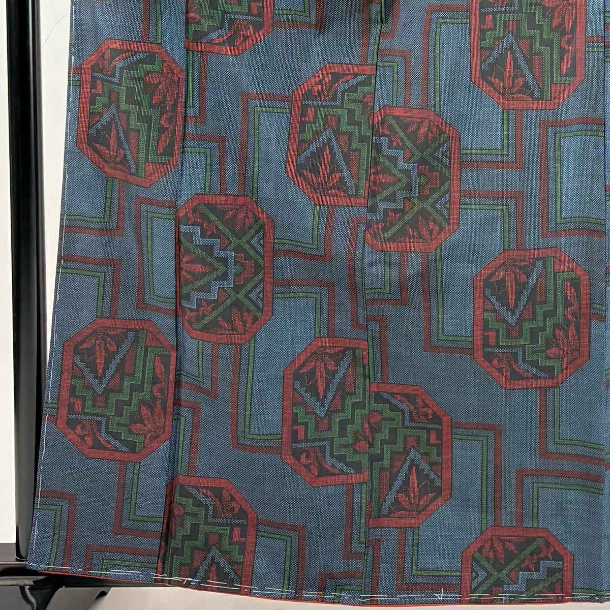 【美品】 紬織 身長162.5cm 袖長65cm M 雙層 幾何學 花 深藍 純蠶絲 優品級